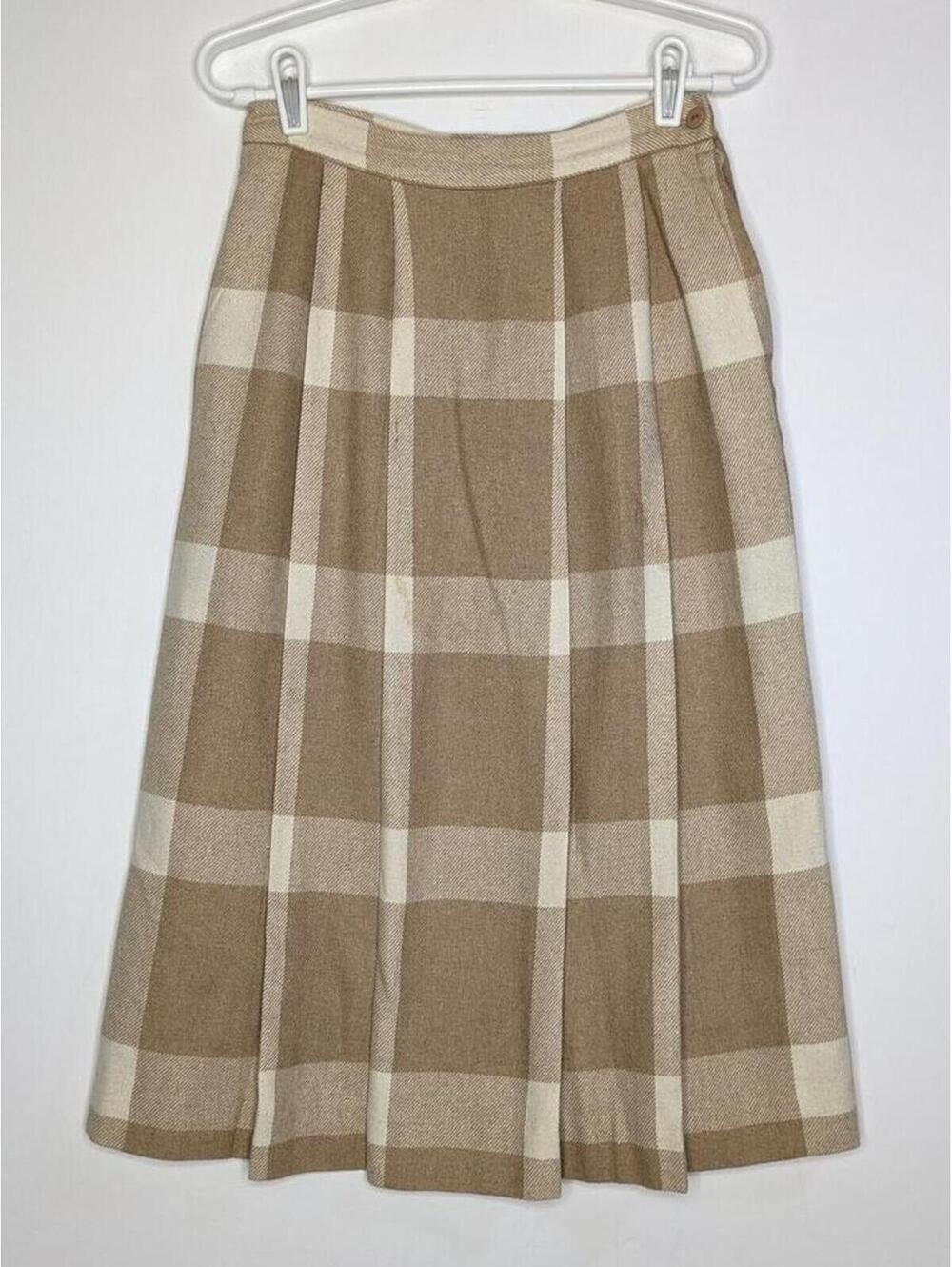 Vintage Jordache Tan Cream Plaid Wool Blend Midi Skirt 8